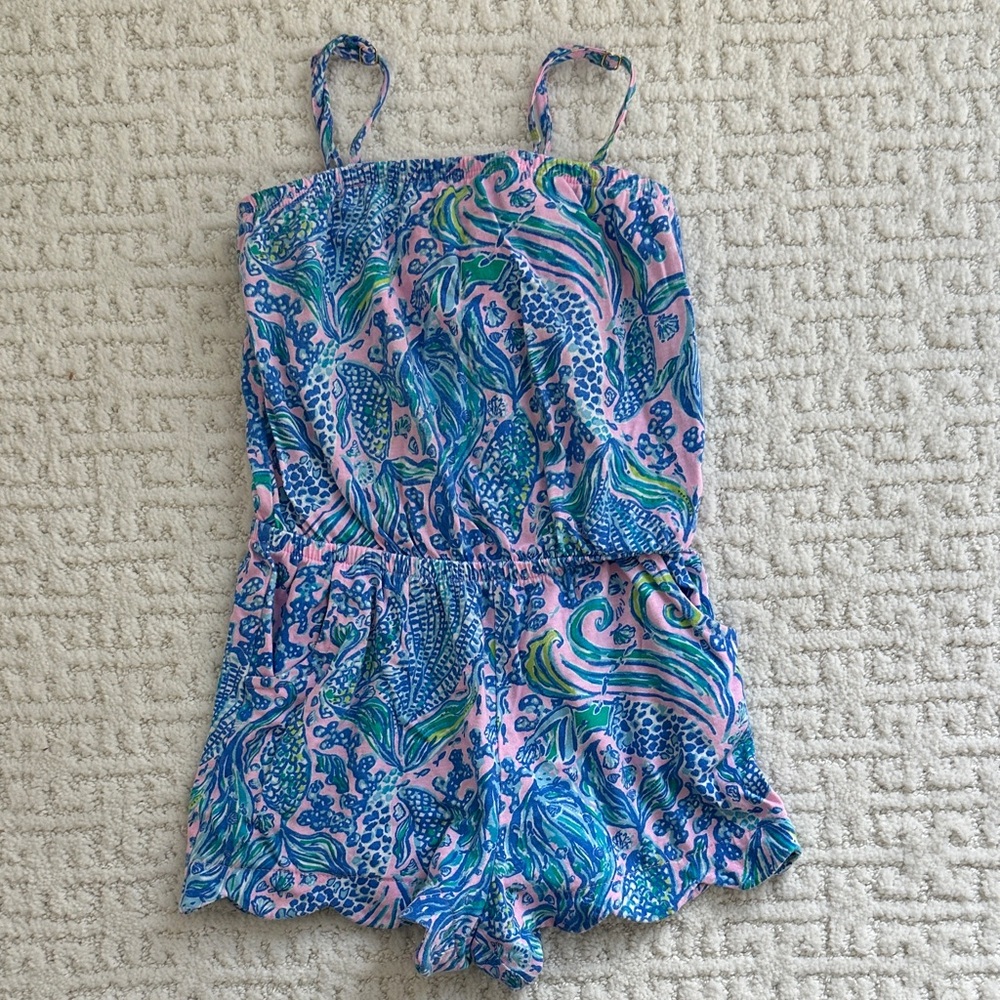 Lilly Pulitzer Girl's Mini Jace Romper in Lilac Rose/ WE Mermaid - XS